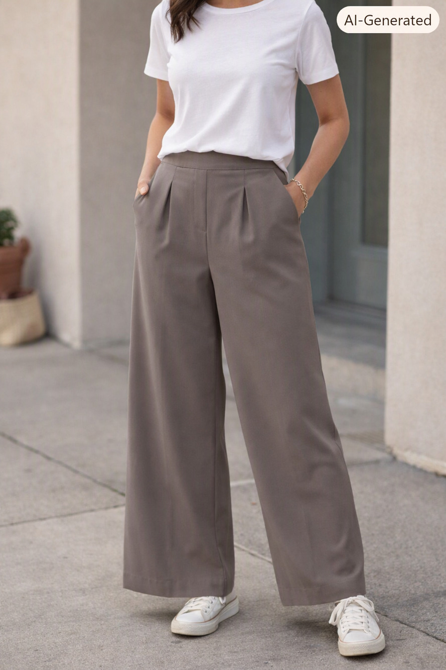 Nordstrom Rack Taupe Knife Pleated Wide‑Leg Pull-On Trousers Pants Med